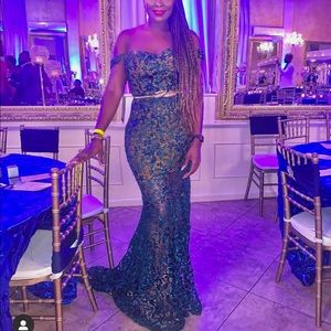 Green off shoulder lace dress- medium